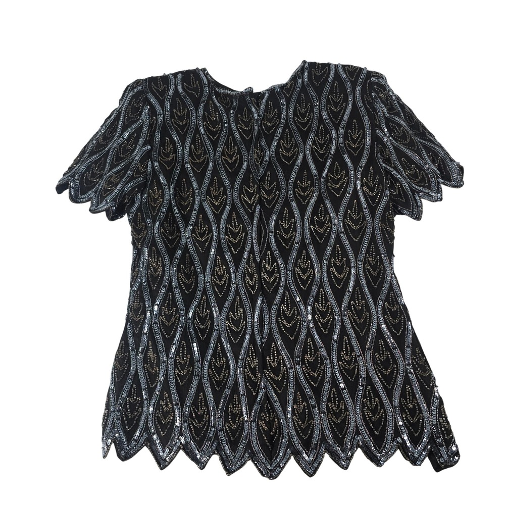 Papell Boutique Evening Silk Beaded Sequin‎ Top Black Silver Art Deco Womens M